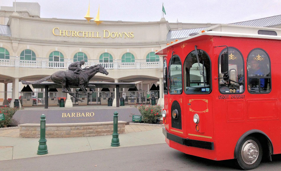 Old Fashioned Express Louisville Trolley tour at Churchill Downs by the Barbaro Statue