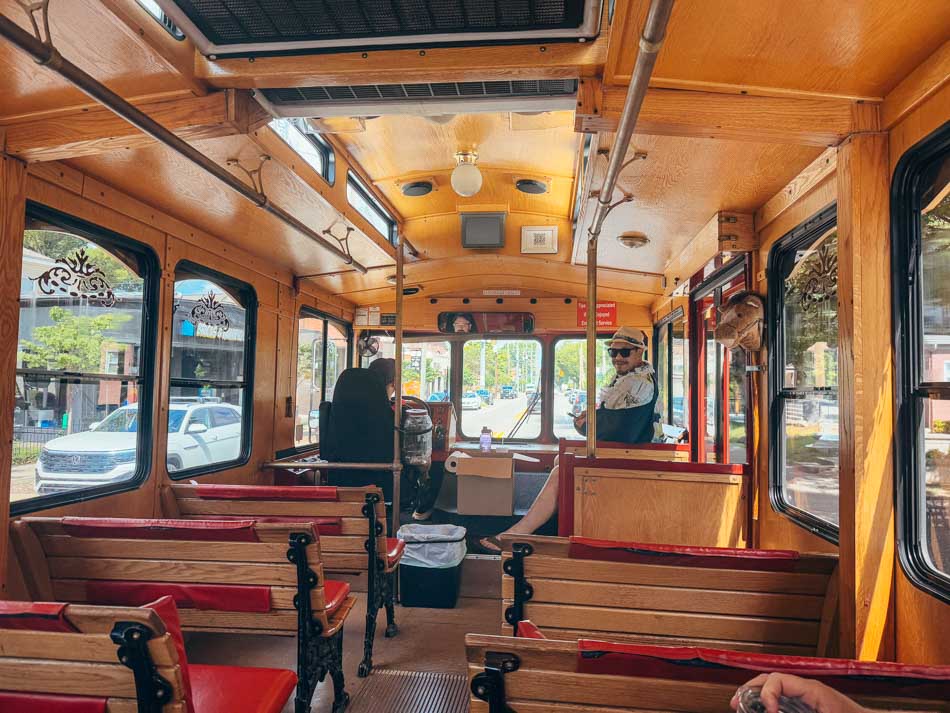 Old Fashioned Express Trolley interior with red accents