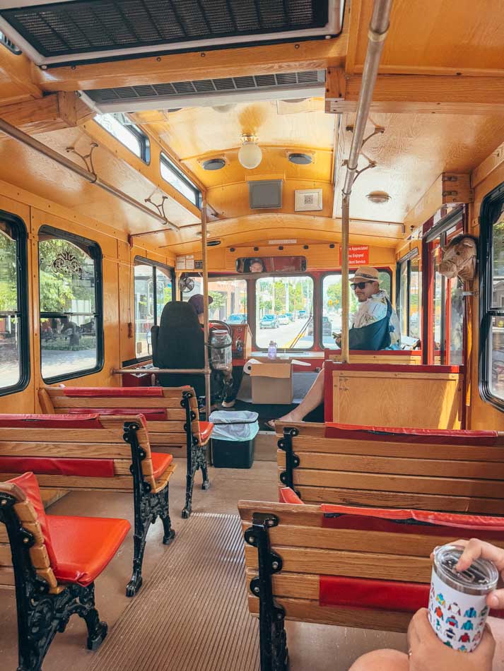 Old Fashioned Express Trolley interior with red bench seats