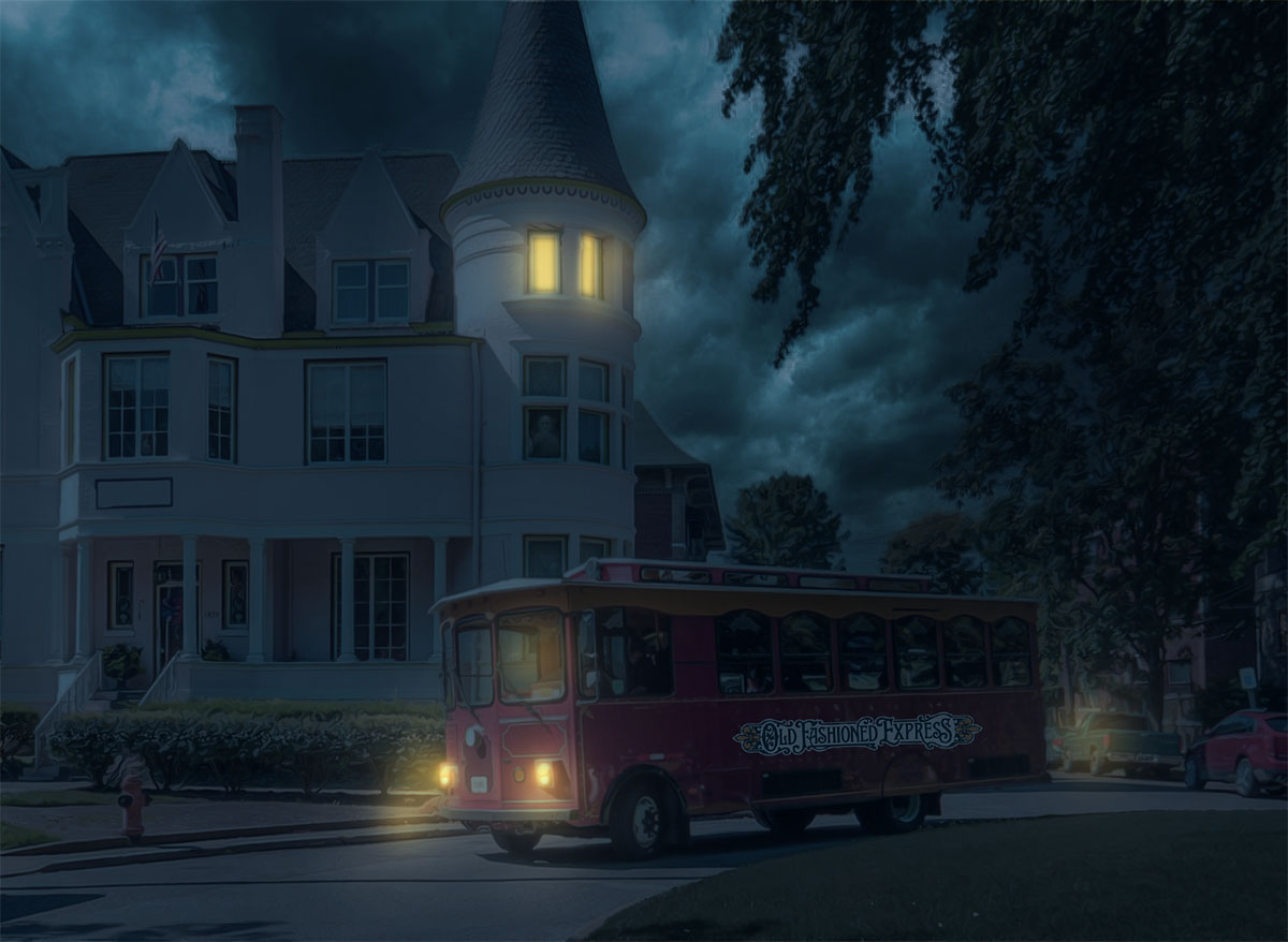 Ghost Trolley haunted trolley tour in front of the pink house in Old Louisville